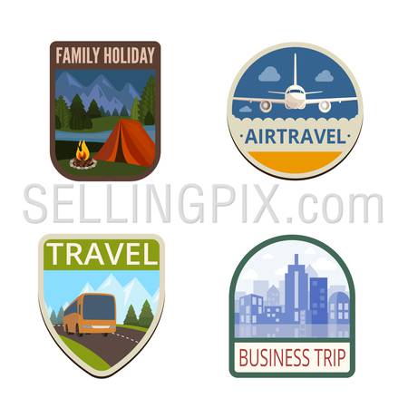 Travel Vintage Labels vector icon design collection. Shield banner sign.
Tourism Logo. Tent, Canvas, Airplane, Bus, Cityscape flat icons.
