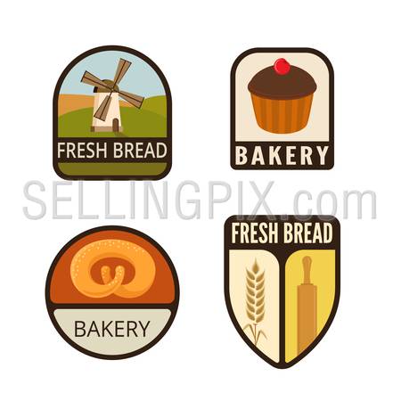 Bakery Vintage Labels vector icon design collection. Shield banner sign.
Shop, Store Logo. Mill, Spike, Bread, Cake flat icons.