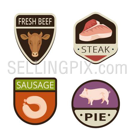 Fresh Meat butchery Vintage Labels vector icon design collection. Shield banner sign.
Food Logos. Beef, Pork, Steak, Sausage flat icons.