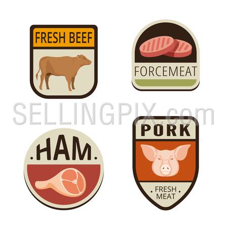Fresh Meat butchery Vintage Labels vector icon design collection. Shield banner sign.
Food Logos. Beef, Pork, Ham, Force-meat flat icons.