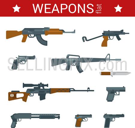 Flat design weapons tools vector icon set. Guns, pistols, revolvers, rifles, shotguns, machine guns. Flat objects collection.