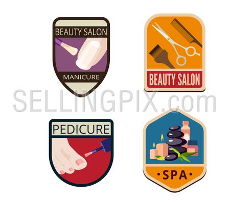 Beauty Salon SPA Vintage Labels vector icon design collection. Shield banner sign.
Manicure, Pedicure, Haircut, SPA flat icons such as Logos.