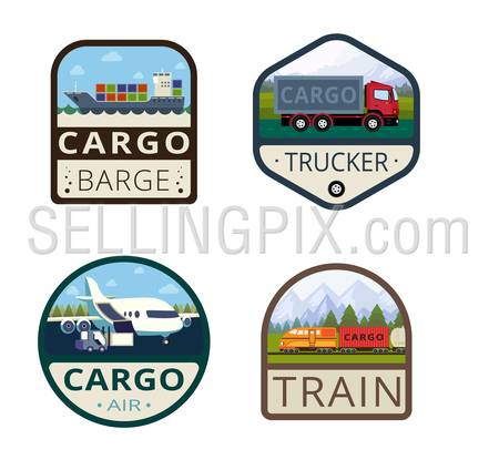 Cargo Vintage Labels vector icon design collection. Shield banner sign.
Transportation Delivery Logos. Ship, Truck, Airplane, Train flat icons.