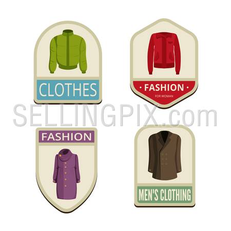 Clothes Vintage Labels vector icon design collection. Shield banner sign.
Autumn Winter Outerwear Logos. Jackets, coats flat icons.
