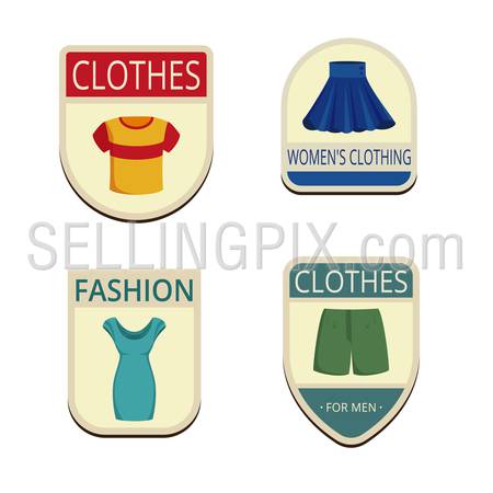 Clothes Vintage Labels vector icon design collection. Shield banner sign.
Summer Outerwear Logos. t-shirt, skirt, dress, shorts flat icons.