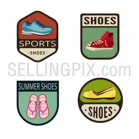 Shoes Vintage Labels vector icon design collection. Shield banner sign.
Footwear Logos. Running shoes, gym-shoes, thong, female shoes flat icons.