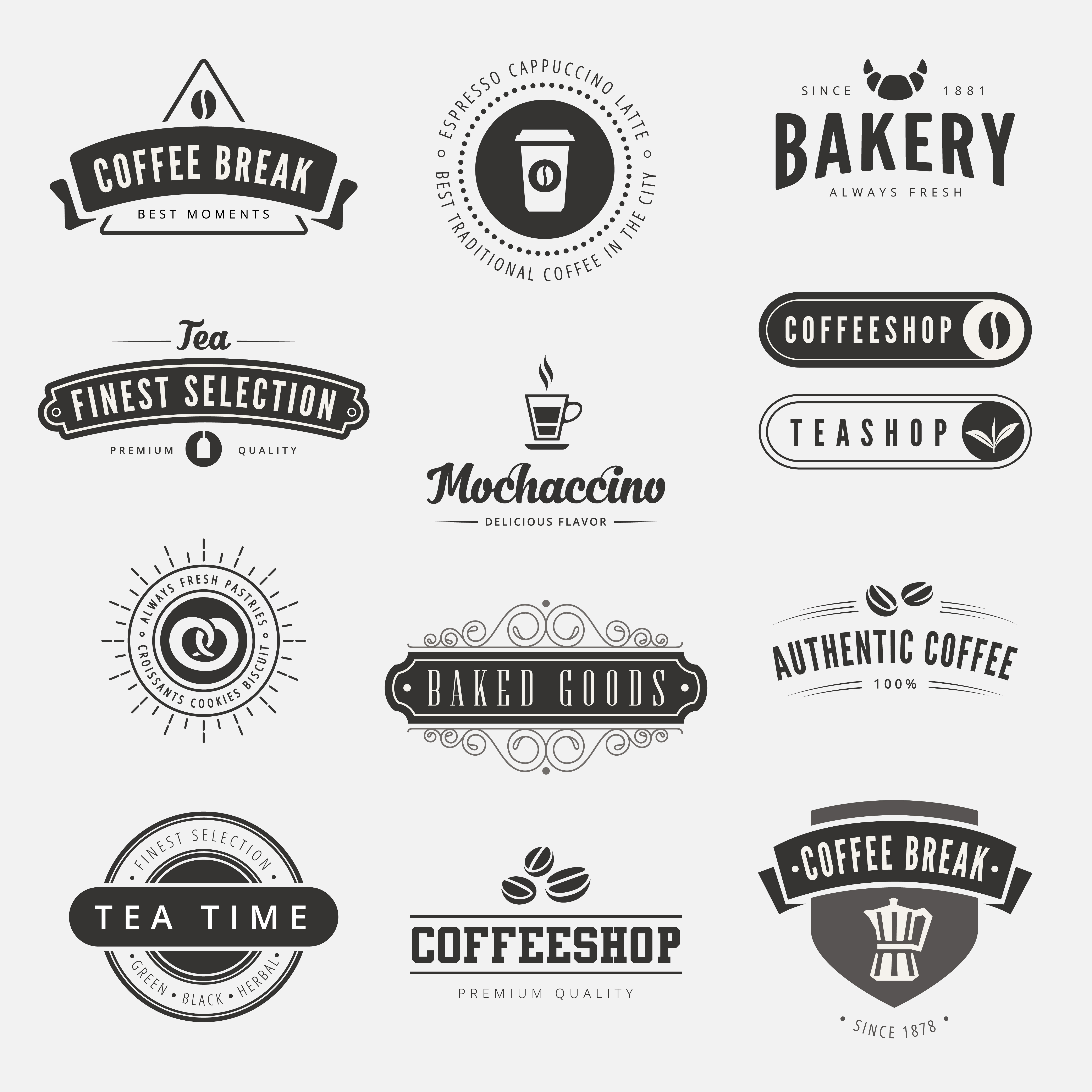 Coffee Retro Vintage Labels Logo design vector typography lettering inspiration templates. 
Old style elements, business signs, logos, label, badges, stamps and symbols.
Coffeeshop, tea, bakery theme.