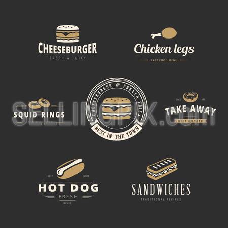 Fastfood Retro Vintage Labels as Logo design vector template set. 
Fast Food: Hot dog, Burger, Chicken legs, Donut, Sandwich Logotype icons.