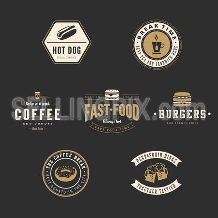 Fastfood Retro Vintage Labels as Logo design vector template set. Fast Food: Hot dog, Burger, Donut, Coffee, Beer Logotype icons.