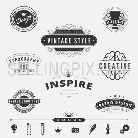 Retro Vintage Labels Logo design vector typography inspiration template set. 
Old style elements, business signs, logos, label, badges and symbols.
Design Studio Logotype inspiration collection pack
