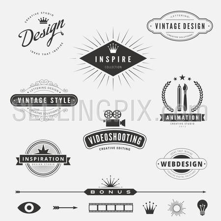 Retro Vintage Labels Logo design vector lettering inspiration template set. 
Old style elements, business signs, logos, label, badges and symbols.
Design Studio Logotype collection pack