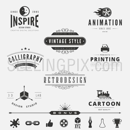 Retro Vintage Labels Logo design vector template set. 
Old style elements, business signs, logos, label, badges and symbols.
Design Studio Logotype collection: 3D, cartoon, animation, calligraphy