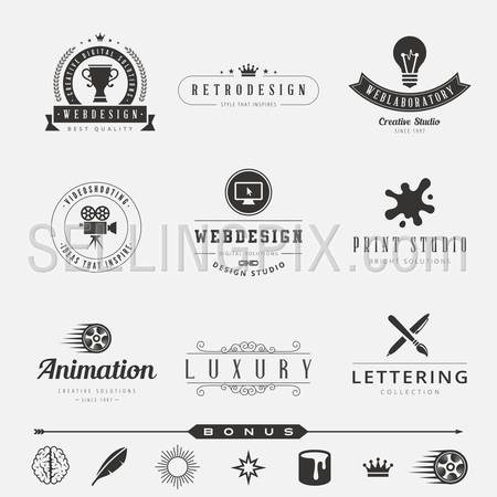 Retro Vintage Labels Logo design vector template set. 
Old style elements, business signs, logos, label, badges and symbols.
Design Studio Logotype collection: webdesign, video, animation, lettering