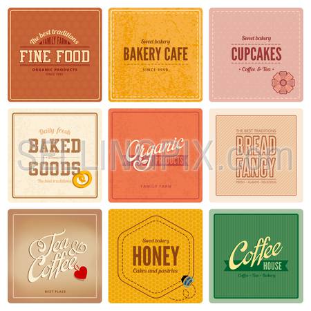 Vintage retro Labels Cafe Restaurant Bar Bakery Logo design vector templates.
Coffee, Tea, Bakery, Organic food, cupcakes, Bread badges icons.
