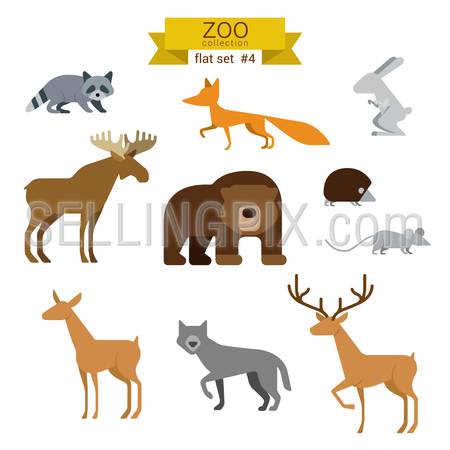 Flat design vector animals icon set. Bear, fox, hare, rabbit, moose, hedgehog, mouse, deer, wolves. Flat zoo children cartoon collection.