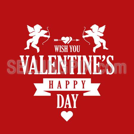 St. Valentine Day Vintage Retro Typography Lettering Design Greeting Card on red background. 
Vector illustration Valentine’s day of Love Template. Heart, arrow, cupid icons.