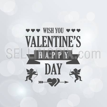 St. Valentine Day Vintage Retro Typography Lettering Design Greeting Card Poster on Bokeh background. 
Vector illustration Valentine’s day of Love Template. Heart, arrow, cupid icons.