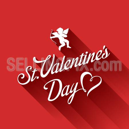 St. Valentine day Vintage Retro Typography Calligraphy Design Greeting Card on red background. 
Vector illustration Valentine’s day Calligraphic classic style with long shadow and Flying Cupid icon