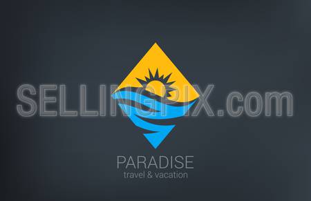 Travel vector logo design template. Rhombus shape creative concept.
Ocean Sea Waves, Sun shine Tourism icon.