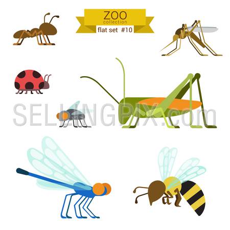 Flat design vector insects and ants icon set. Ant, mosquito, ladybug, fly, grasshopper, locust, dragonfly, wasp. Flat zoo children cartoon collection.