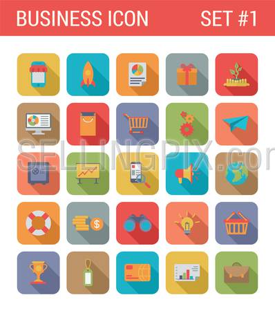 Flat style design long shadow business vector icon set. Online sale, shopping, report, gift, startup, computer, cart, gears, safe, presentation, money, card. Flat web and app icons collection.