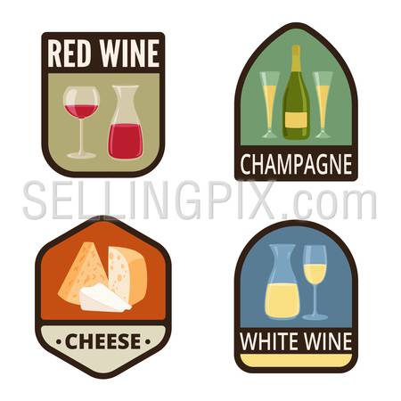 Wine Vintage Labels vector icon design collection. Shield banner sign.
Red wine, Champagne, Cheese, White wine flat icons.