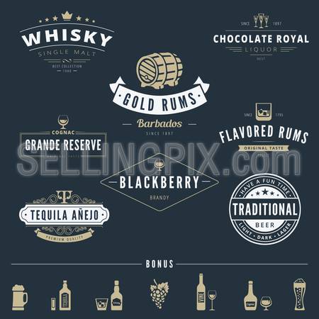 Alcohol Retro Vintage Labels Hipster Logo design vector typography lettering templates. 
Old style elements, logos, logotypes, label, badges, stamps and symbols for whisky, rum, cognac, tequila, beer