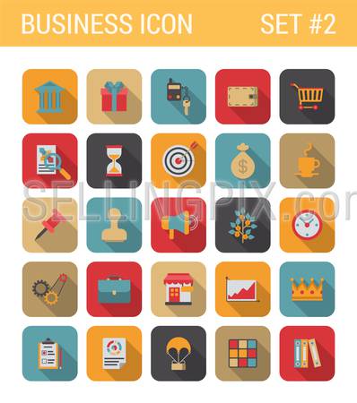 Flat style design long shadow business vector icon set. Bank, gift, car, key, alarm, cart, shopping, sale, hourglass, target, marketing, pin, money, shop, crown. Flat web and app icons collection.