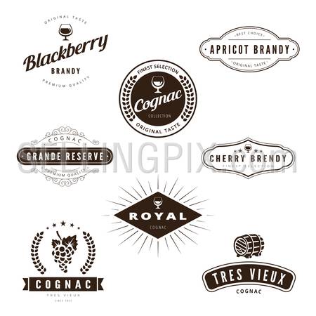 Cognac Brandy Retro Vintage Labels Hipster Logo design vector typography lettering templates. 
Old style elements, logos, logotypes, label, badges, stamps and symbols