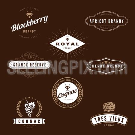 Hipster Logo Cognac design vector typography lettering templates. Brandy Retro Vintage Labels.
Old style elements, logos, logotypes, label, badges, stamps and symbols
