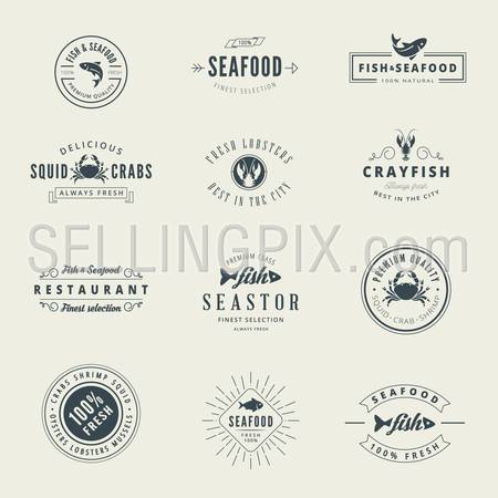 Seafood Retro Vintage Labels Hipster Logo design vector typography lettering templates. 
Old style elements, business signs, logos, logotypes, label, badges, stamps and symbols.