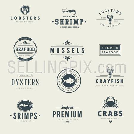 Seafood Retro Vintage Labels Hipster Logo design vector typography lettering templates. 
Fish, Lobster, Shrimp, Mussel, Crayfish, Crab Logotype icons