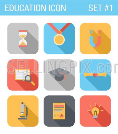 Flat style design long shadow education vector icon set. Hourglass, medal, magnet, book library search, cap, diploma, microscope, certificate, lamp idea. Flat web and app icons collection.