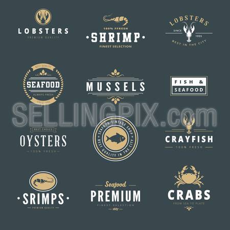 Seafood Hipster Logo design vector. Retro Vintage Labels  typography lettering templates. 
Fish, Lobster, Shrimp, Mussel, Crayfish, Crab Logotype icons