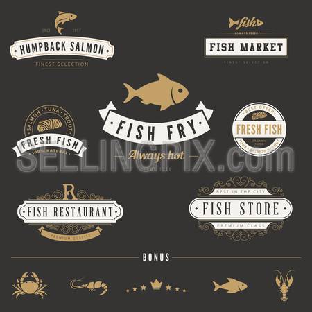 Fish Seafood Retro Vintage Labels Logo design vector typography lettering templates. 
Old style elements, business signs, logos, label, badges, stamps and symbols.