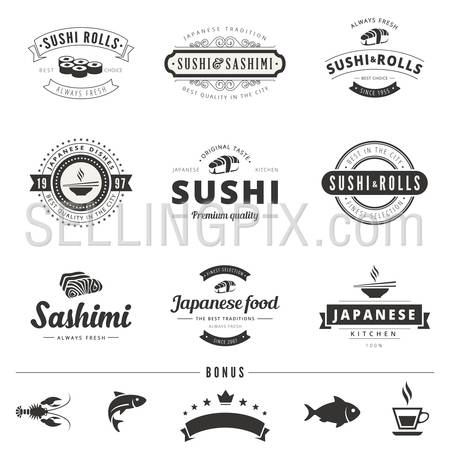 Sushi Rolls Sashimi Retro Vintage Labels Hipster Logo design vector typography lettering templates. 
Old style elements, business signs, logos, logotypes, label, badges, stamps and symbols.