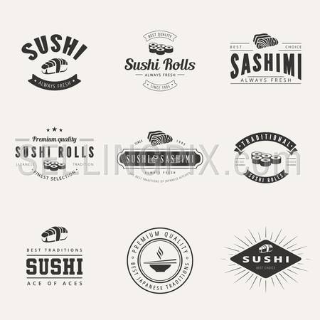 Japanese Cuisine Retro Hipster Logo design vector typography lettering templates. Sushi Rolls Sashimi Vintage Labels.