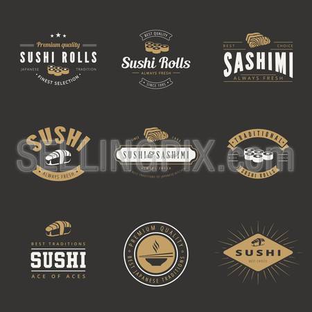 Sushi Rolls Sashimi Retro Vintage Labels Hipster Logo design vector typography lettering templates. 
Old style elements, business signs, logos, logotypes, label, badges, stamps and symbols for Japanese restaurants & Cafe