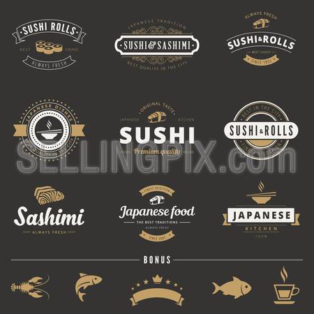 Sushi Rolls Sashimi Hipster Logo design vector typography lettering templates. Japanese Cuisine Retro Vintage Labels.