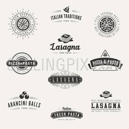 Italian cuisine Retro Vintage Labels Logo design vector typography lettering templates. 
Old style elements, business signs, logos, label, badges, stamps and symbols.
Pizza, pasta, lasagna theme.