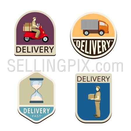 Delivery Vintage Labels vector icon design collection. Car, Van, Motorbike, Hourglass, Deliveryman