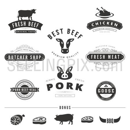 Grill BBQ Cow PIG Retro Vintage Labels Logo design vector