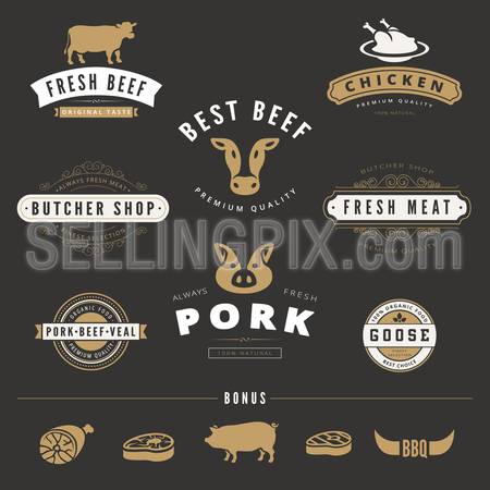 Grill BBQ Cow PIG Retro Vintage Labels Logo Hipster