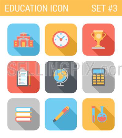 Flat style design long shadow education vector icon set. Clock, cup, clipboard, globe, calculator, calc, book, pen, chemistry, tube, bulb. Flat web and app icons collection.