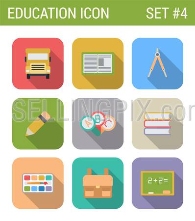 Flat style design long shadow education vector icon set. Schoolbus, notebook, palette, abc, сompasses, knapsack, abc, blackboard, pencil. Flat web and app icons collection.