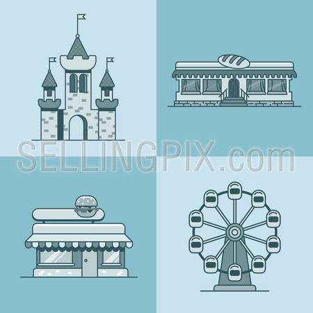 City town architecture castle ferris wheel bakery fast food restaurant cafe building set. Linear stroke outline flat style vector icons. Monochrome icon collection.