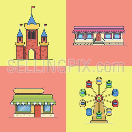 City town architecture castle ferris wheel bakery fast food restaurant cafe building set. Linear stroke outline flat style vector icons. Multicolor line art icon collection.
