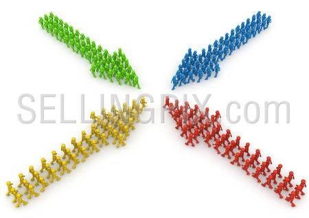 Meeting of four coloured characters arrow formations