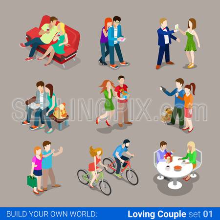Loving couple flat 3d isometric web infographic concept vector icon set. Sofa restaurant cafe gift cycling sightseeing travel selfie. Creative people collection.