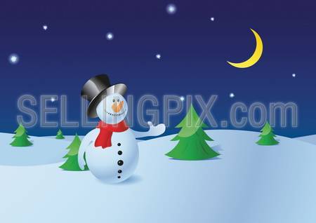 Snowman in the winter pine forest, night starry sky and new moon on background (to use as greeting card)  – Christmas collection